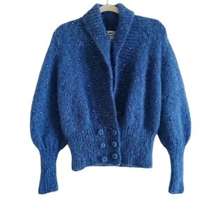 VINTAGE Woof Design Newfoundland Mohair Wool Cardigan Women's M Blue Speckle
